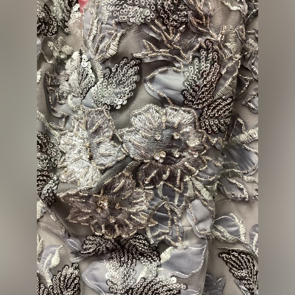 Jovani 68064 Size 14 Floral Appliqué V Neck Gray Long Dress - Picture 4 of 6